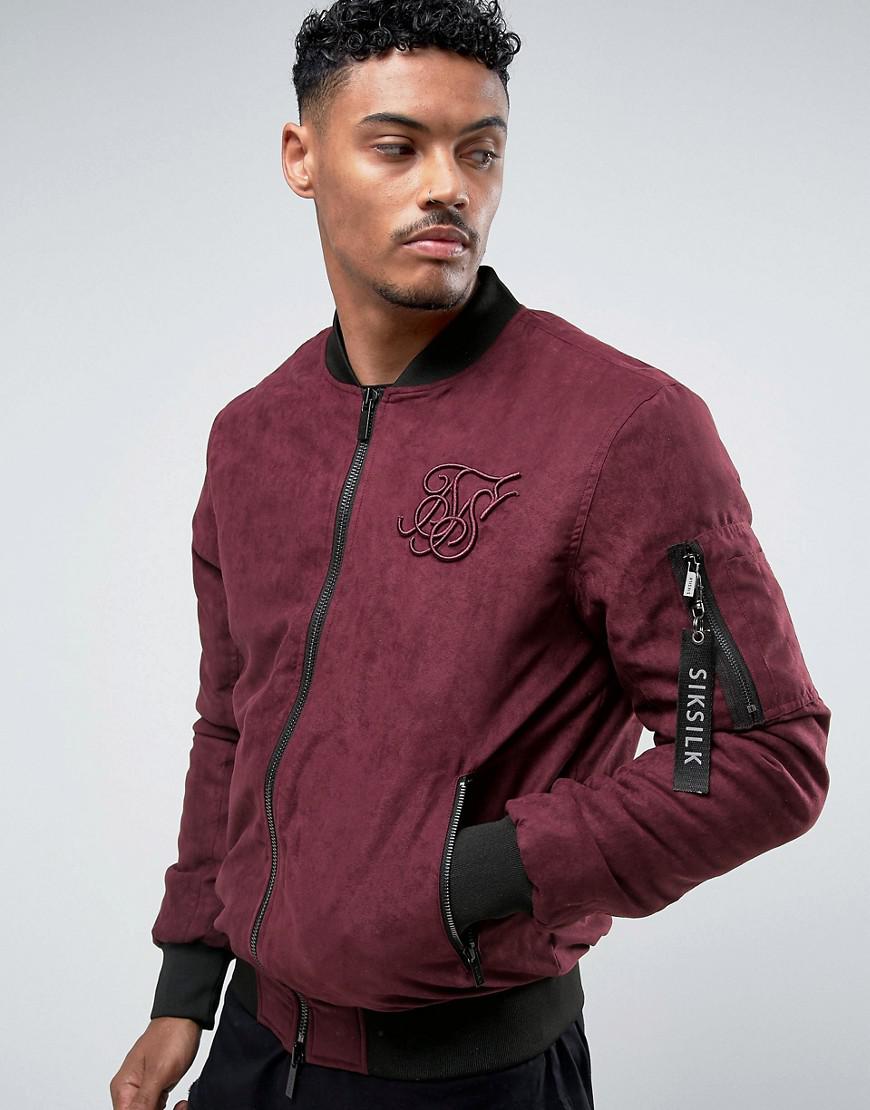SIKSILK Bomber Jacket In Burgundy Faux Suede in Red for Men | Lyst