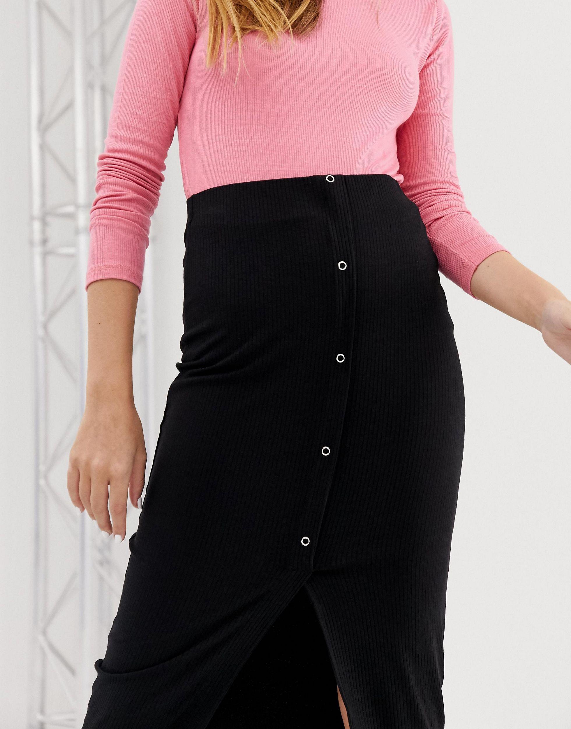 asos design rib popper midi skirt