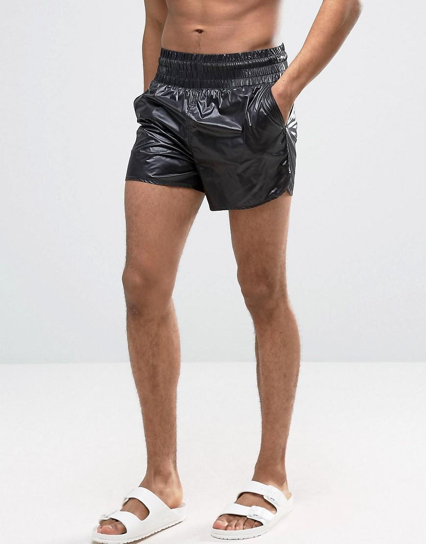 ASOS Runner Swim Shorts In Black Wet Look Fabric With Deep