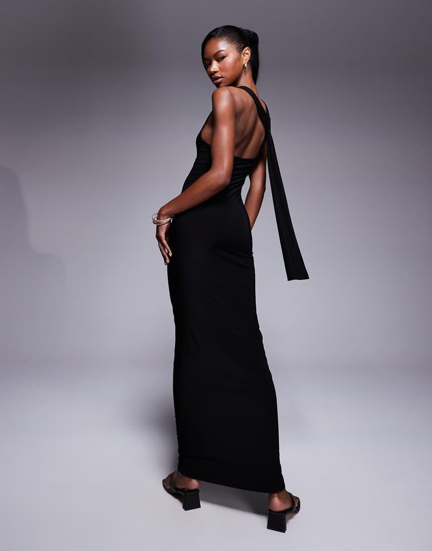 black slinky knot drape midaxi dress Slinky Jersey Ruched Cut-Out Midaxi Dress in Black - 14