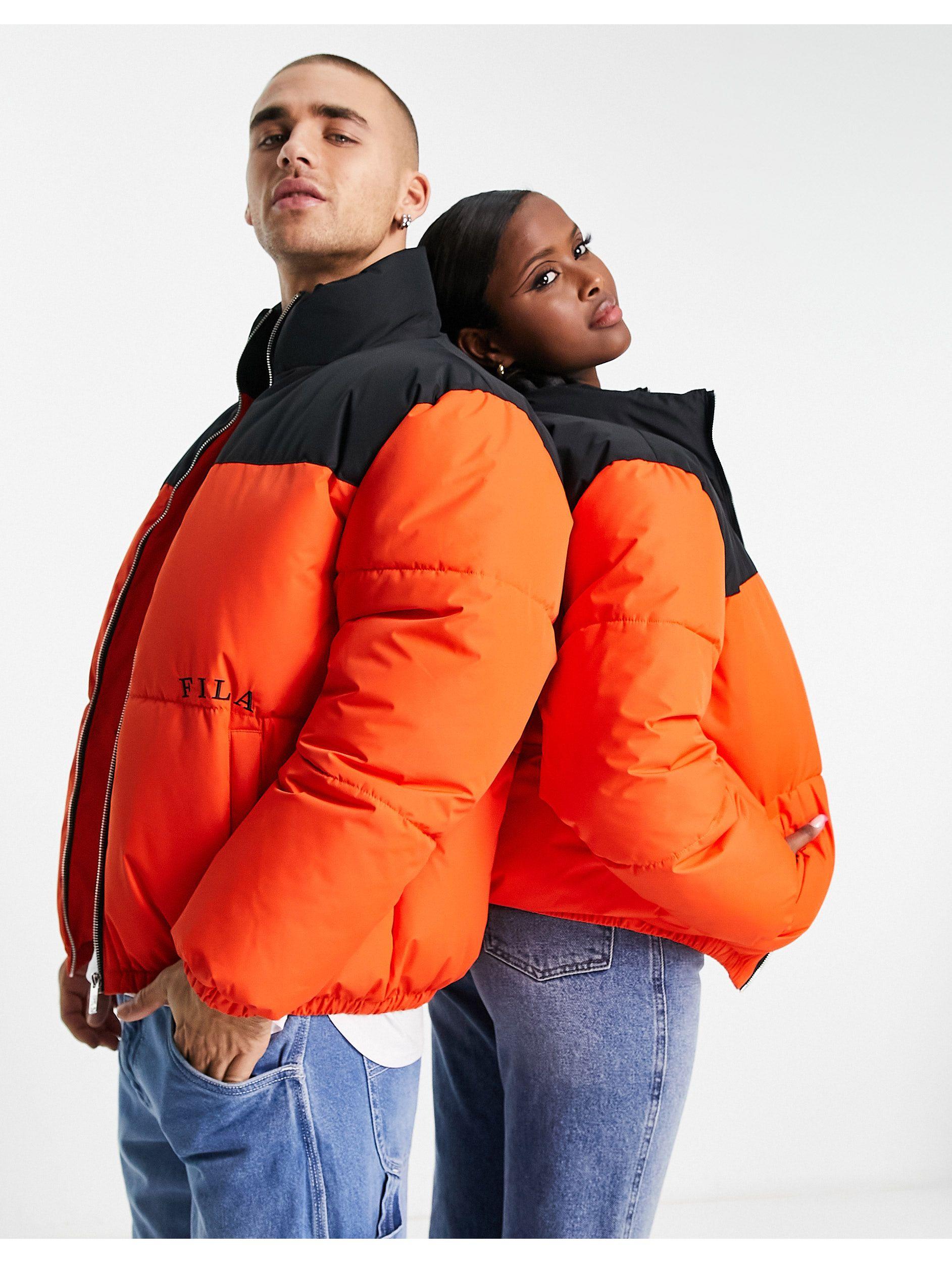 Fila Colour Blocked Puffer Jacket With Logo in Orange | Lyst