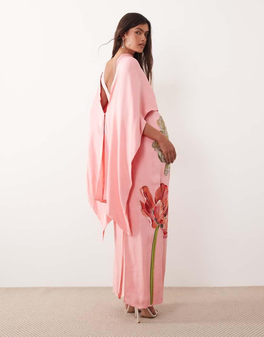 ARRANGE Floral Embroidered Satin Overlay Maxi Dress in Pink | Lyst UK
