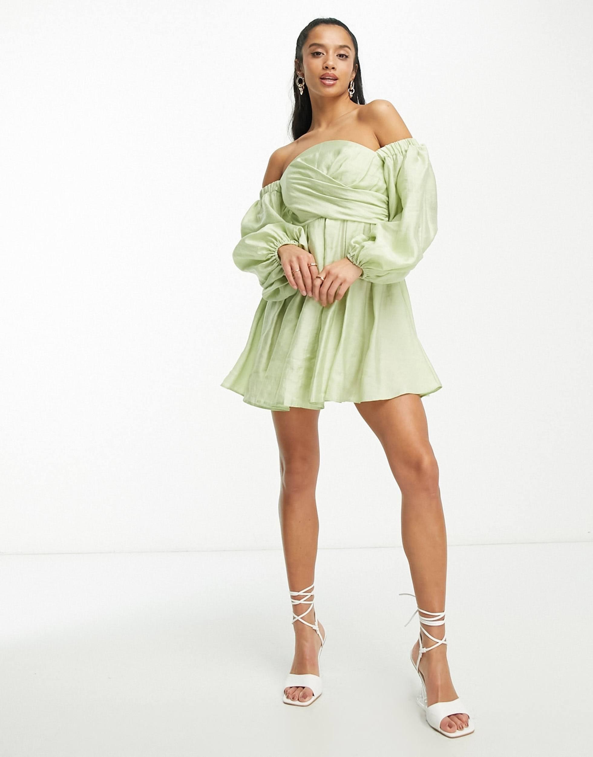 Asos design petite robe courte style cache c ur a epaules denudees et manches ballon sauge ASOS en coloris Blanc Lyst