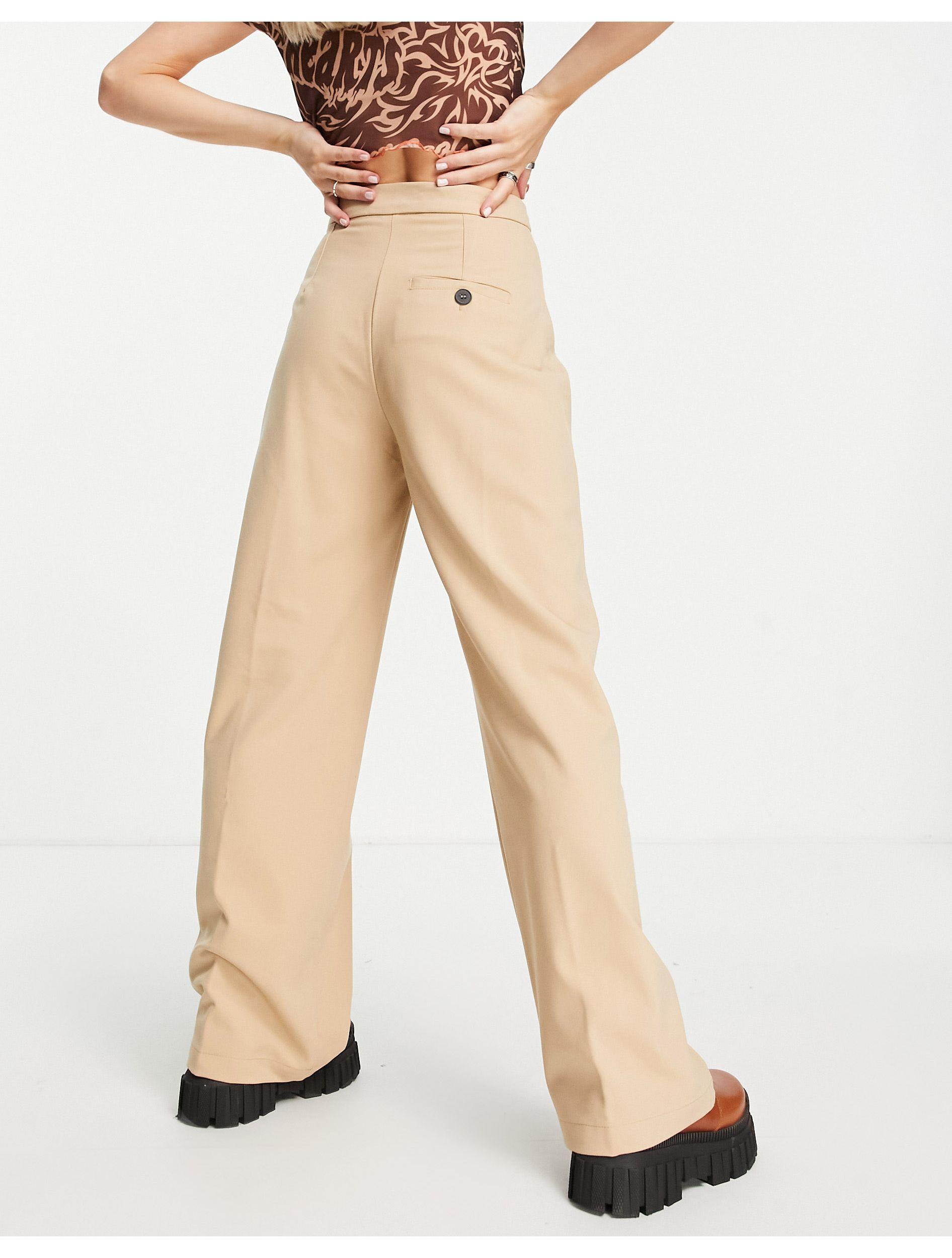 Bershka Petite Wide Leg Slouchy Dad Tailored Trousers in Natural | Lyst