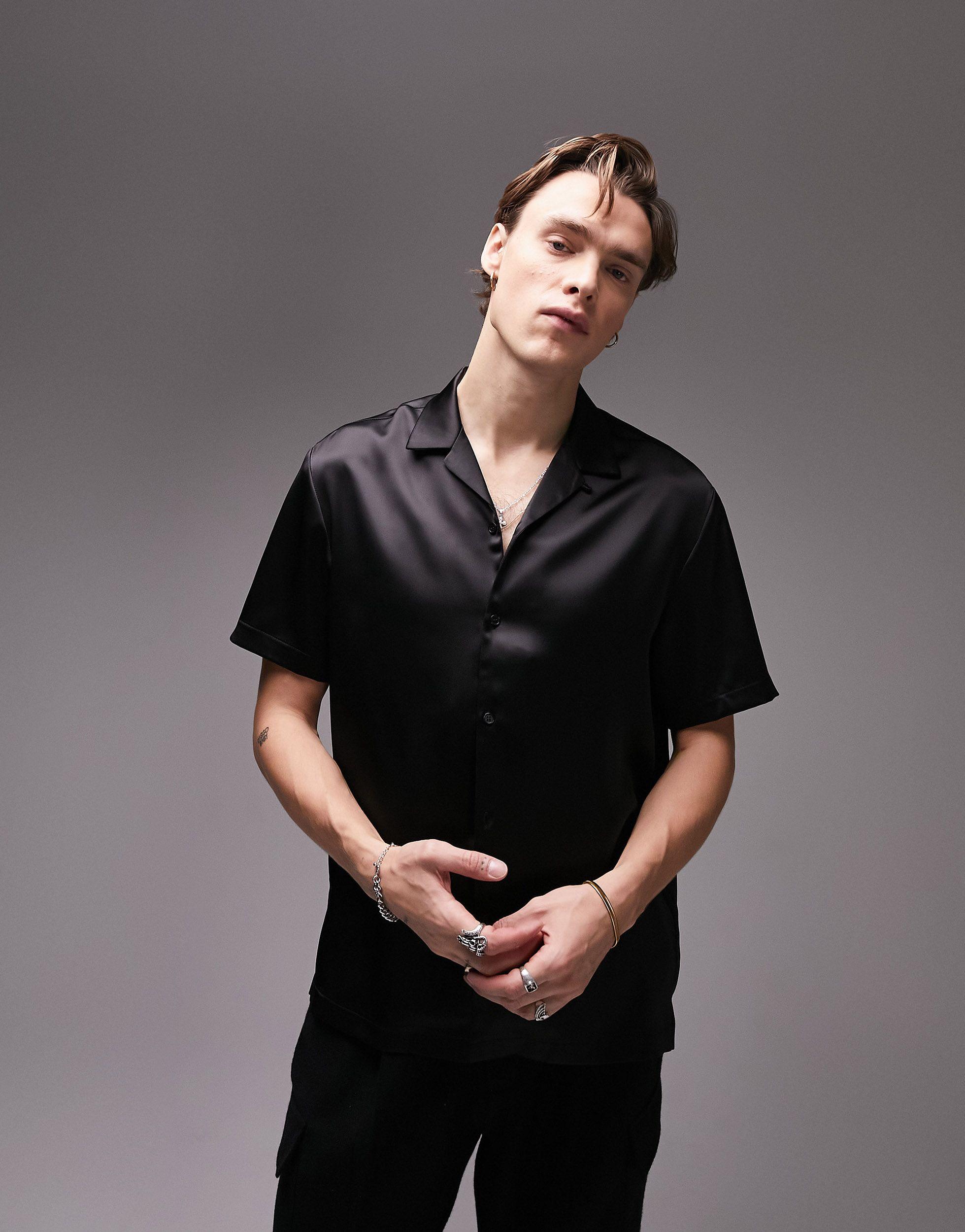 TOPMAN Short Sleeve Premium Satin Shirt in Black for Men | Lyst