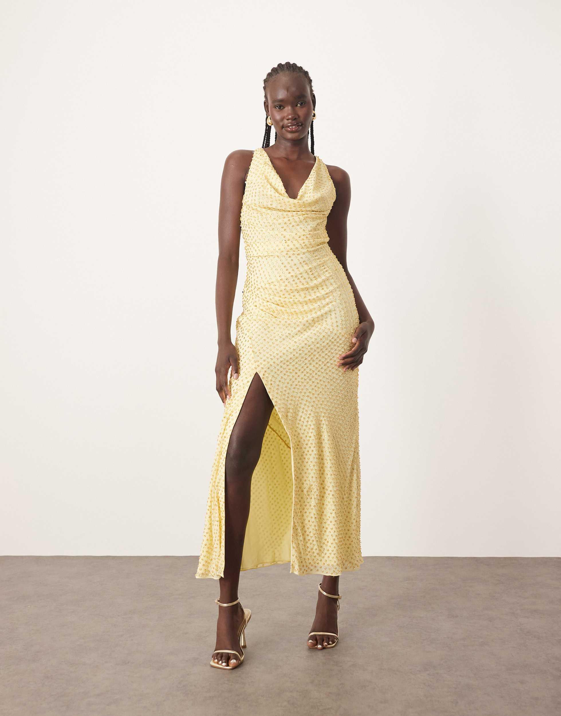 ARRANGE Embellished Crystal Drape Maxi Dress With Twist Detail in Natural |  Lyst