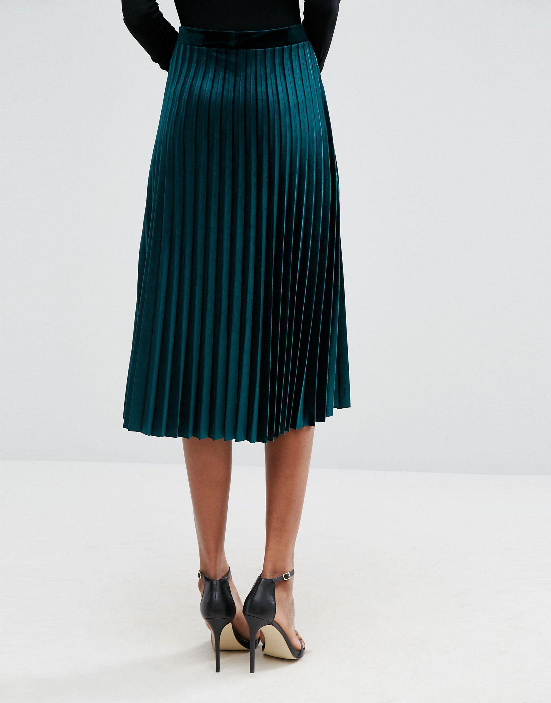 green velvet pleated midi skirt