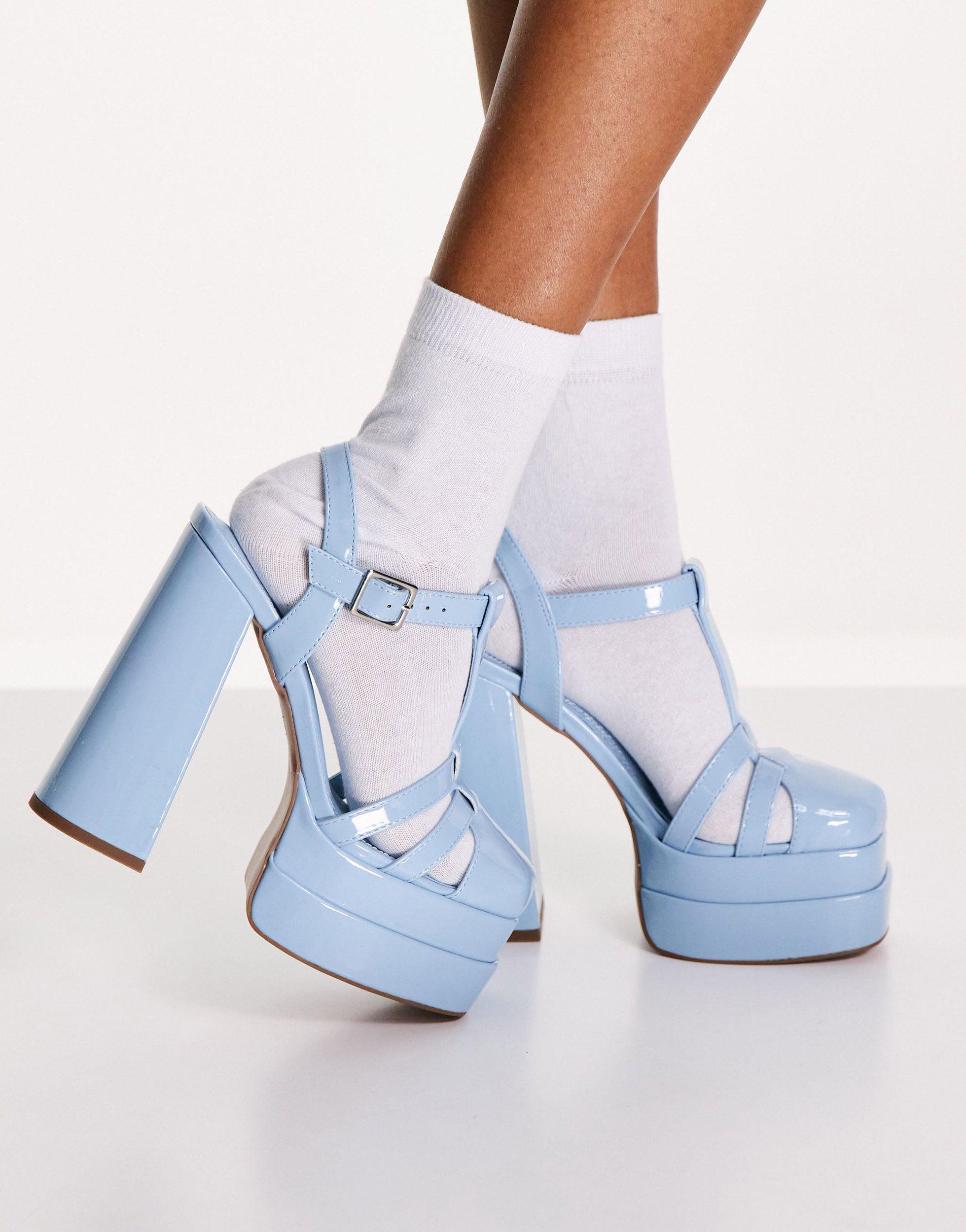 Amazon.com | UniqueStride Womens Block High Heel Pumps Platform Chunky Heel  Round Toe Ankle Strap Elegant Bow Dress Shoes (Light Blue,US Size 7) | Pumps