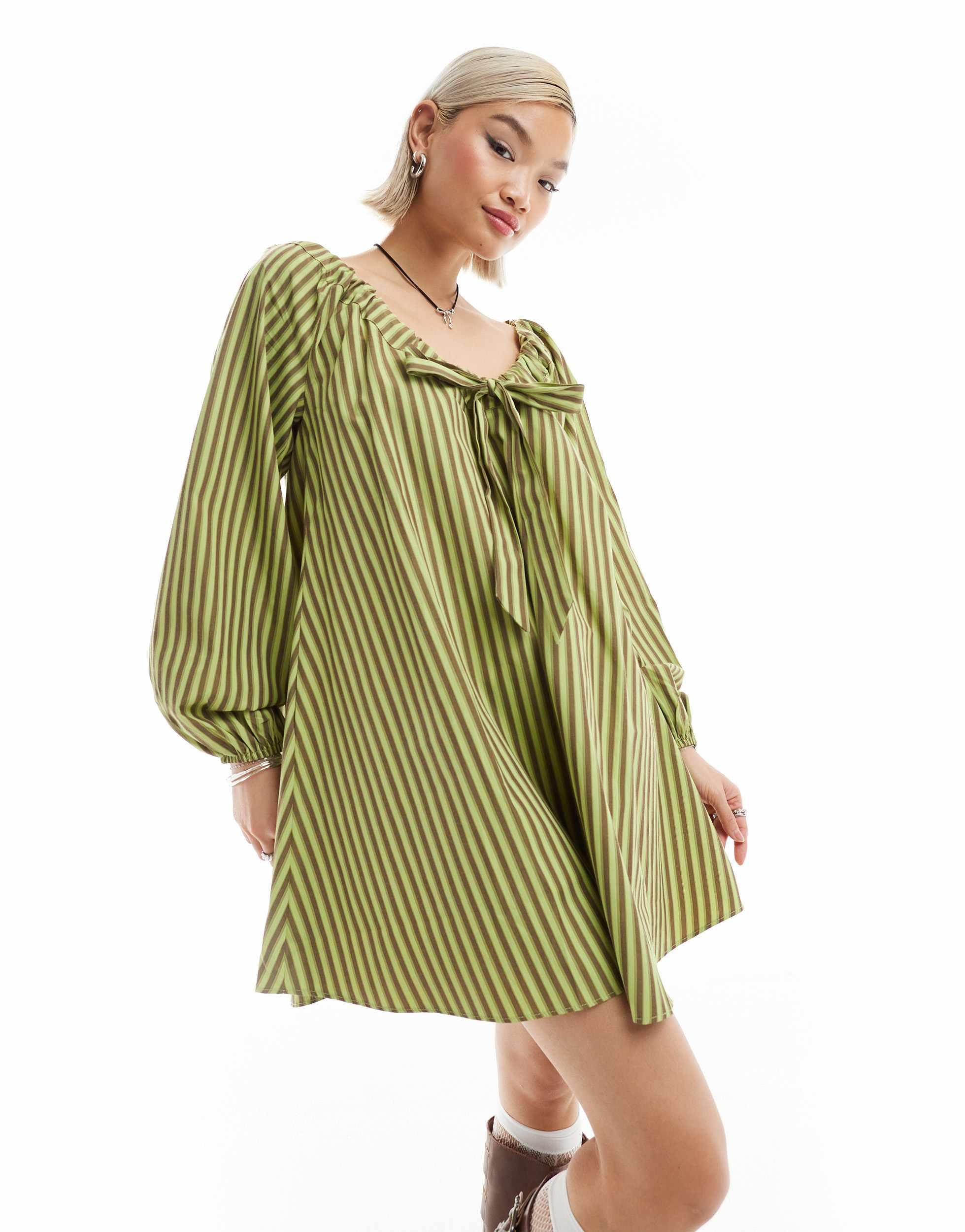 Glamorous Bow Tie Smock Mini Dress in Green | Lyst Glamorous Bow Tie Smock Mini Dress in Green | Lyst