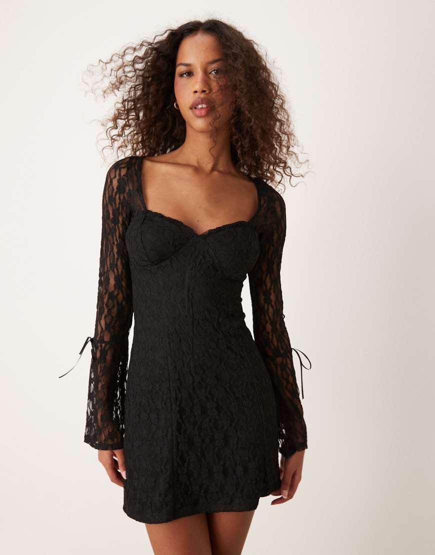 New Look Lace Long Sleeve Mini Skater Dress in Black Lyst UK