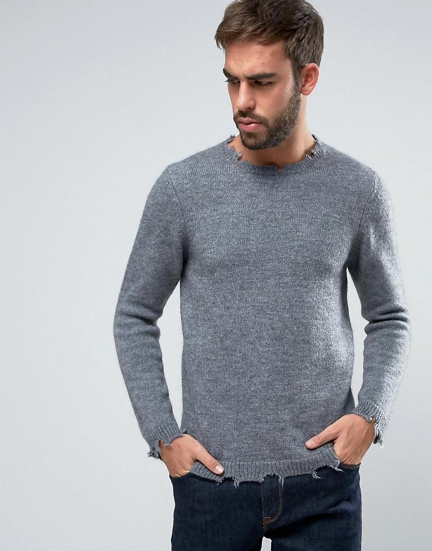 Asos Longline Jumper With Distressed Detail In Wool Mix in Gray for Men ...
