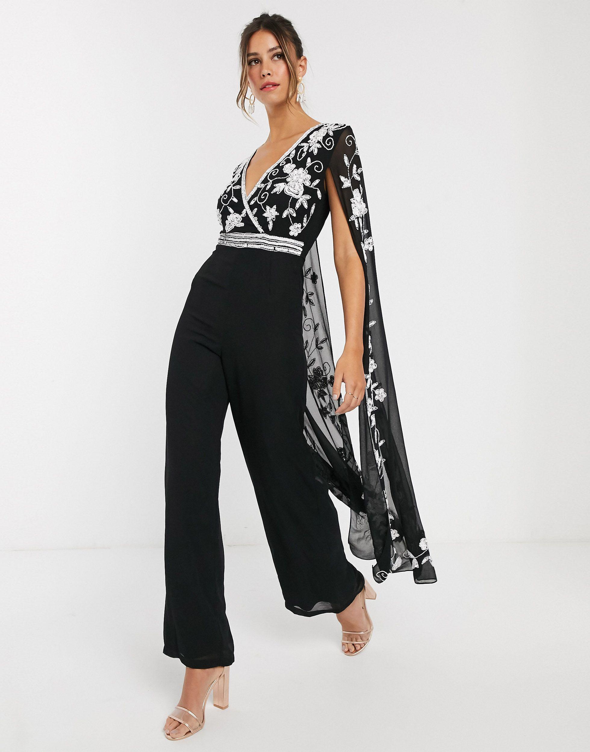 Frock and Frill Frock & Frill Contrast Embroidery Cape Jumpsuit in Black |  Lyst