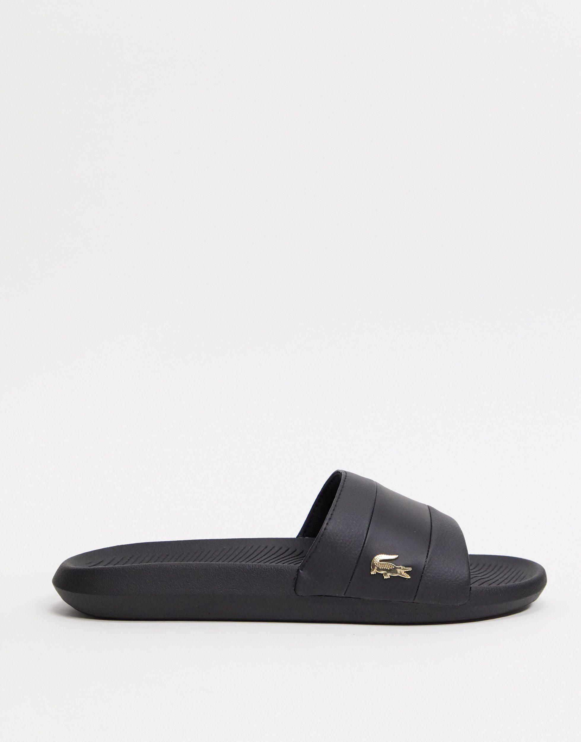 Lacoste Leather Croco Sliders in Black 
