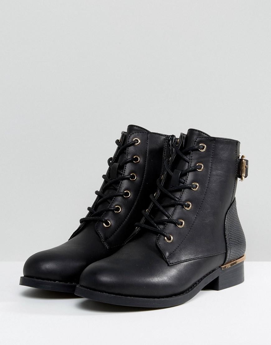 new look chunky flat lace up boot in black