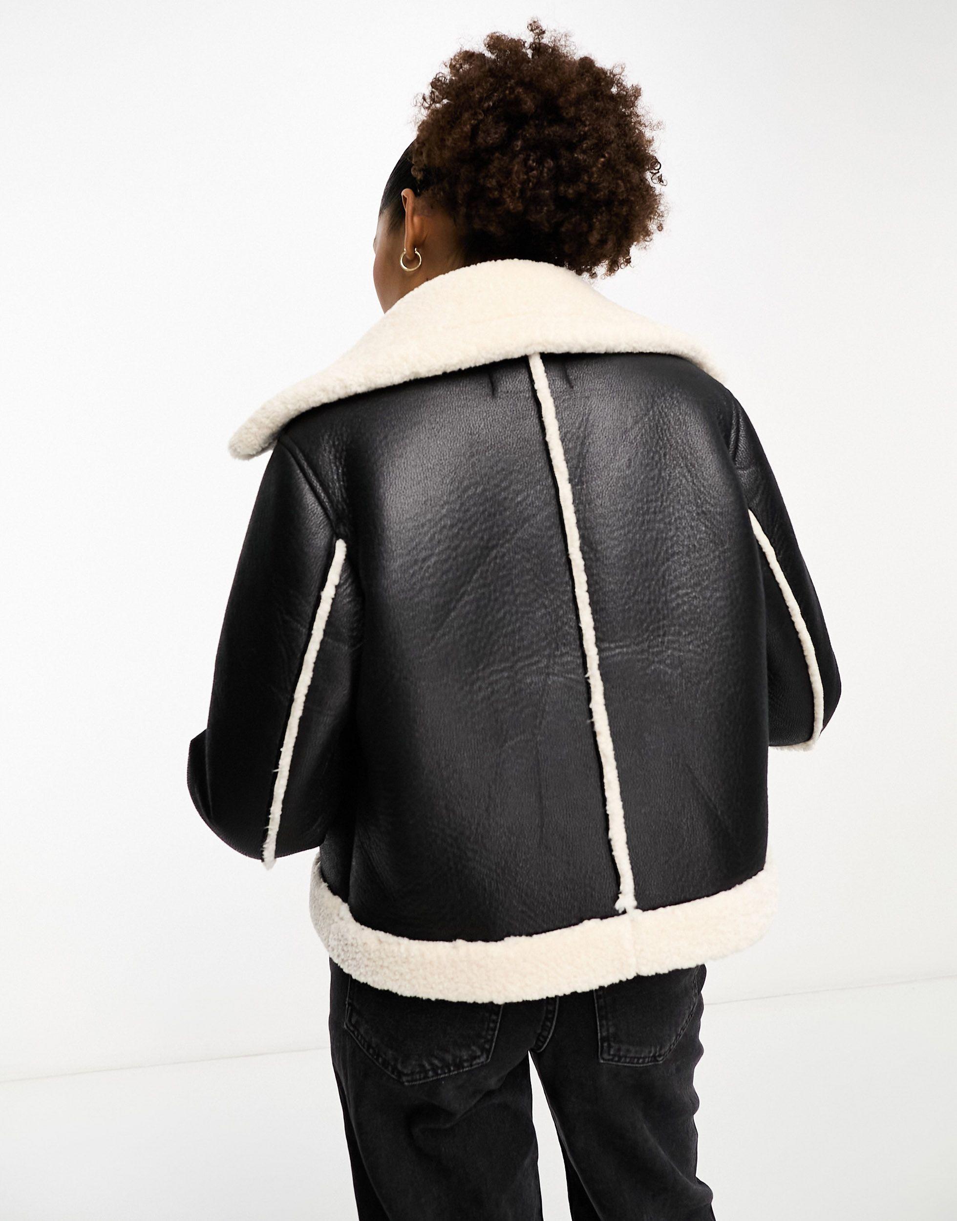 Denim Borg Jacket Black Contrast Aviator Jacket Black Cropped Borg