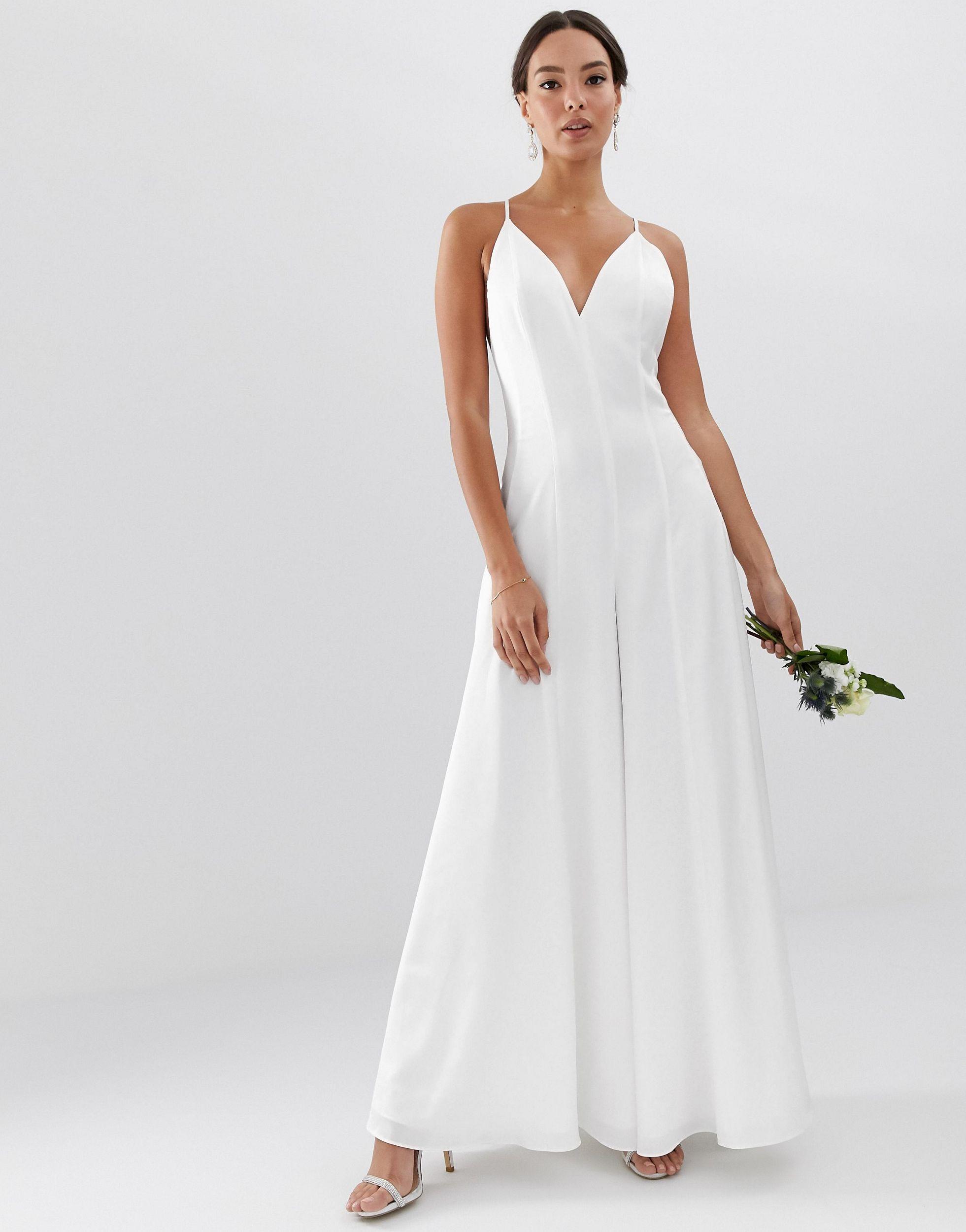 ASOS Plunge Cami Wide Leg Wedding Jumpsuit in White | Lyst