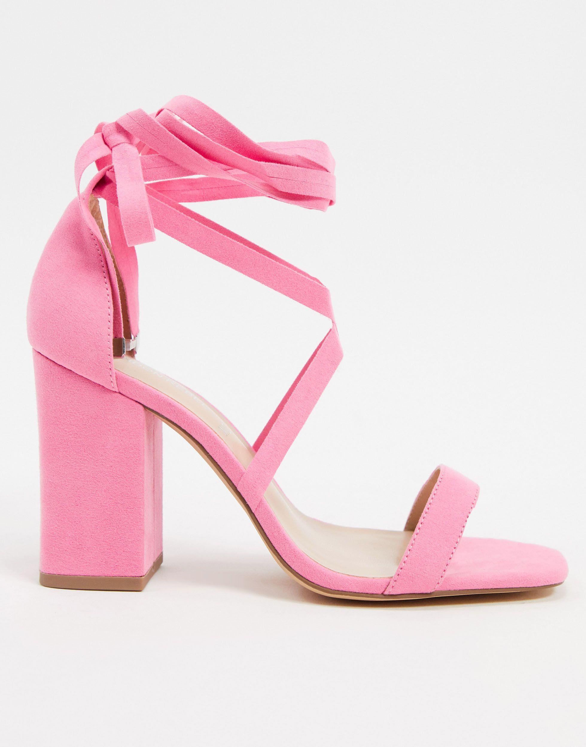 London Rebel Wide Fit Tie Leg Block Heeled Sandals in Pink - Lyst