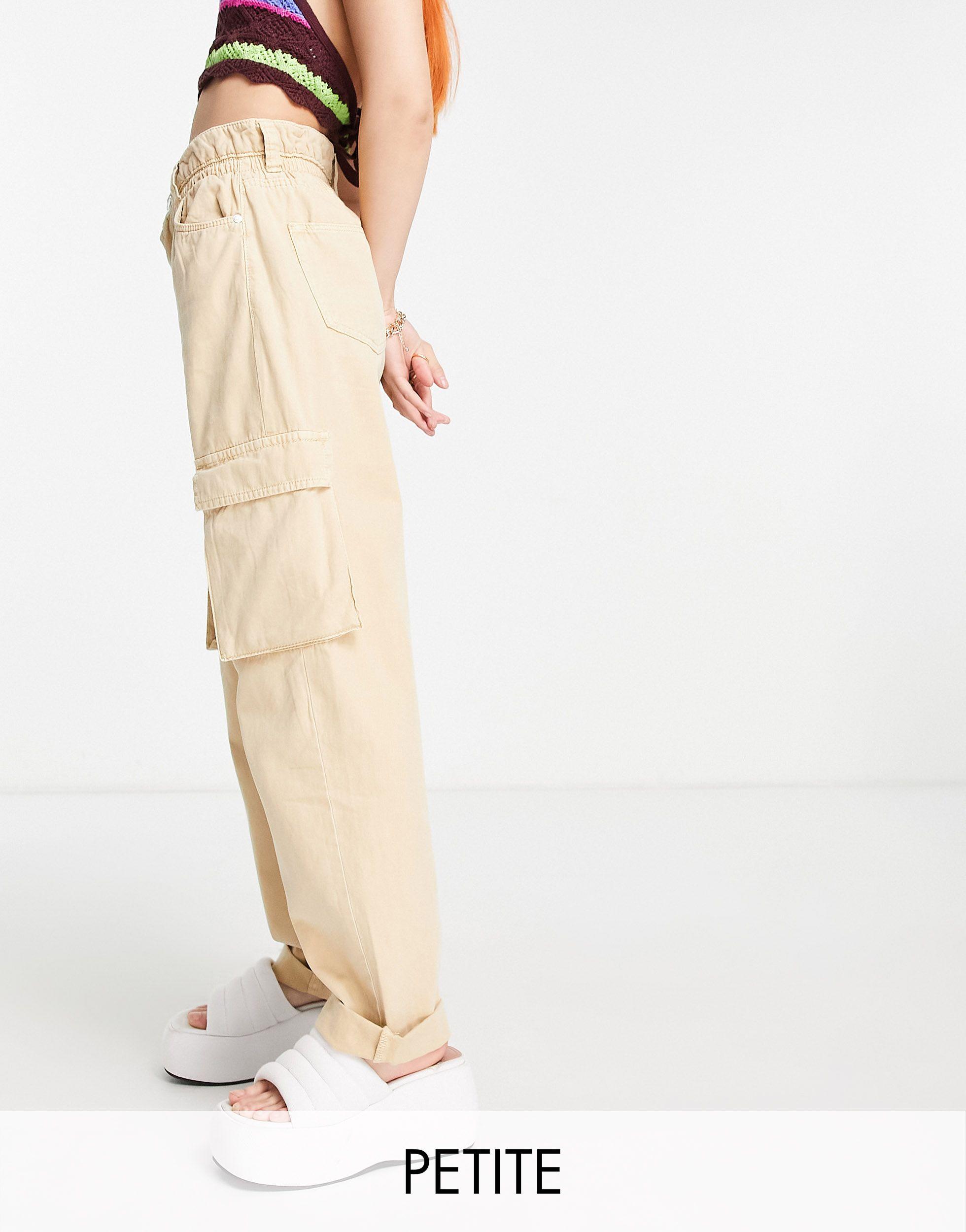 Bershka Petite Pocket Detail Slim Leg Cargo Trouser in Natural | Lyst