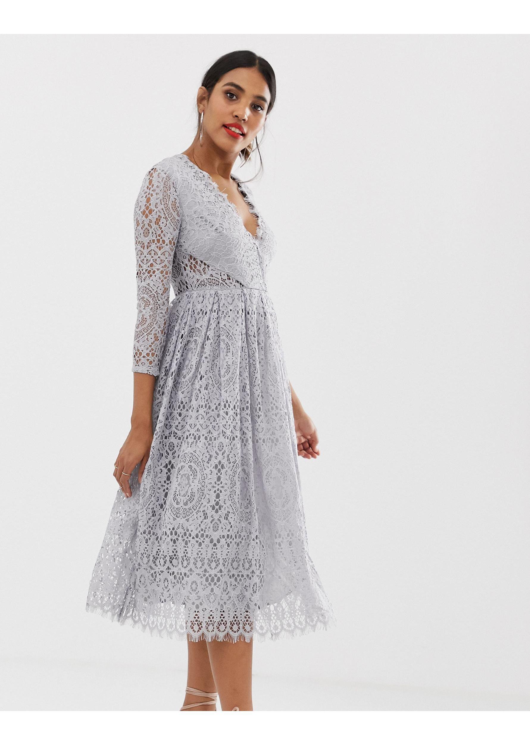 ASOS Long Sleeve Lace Midi Prom Dress in Grey Lyst UK