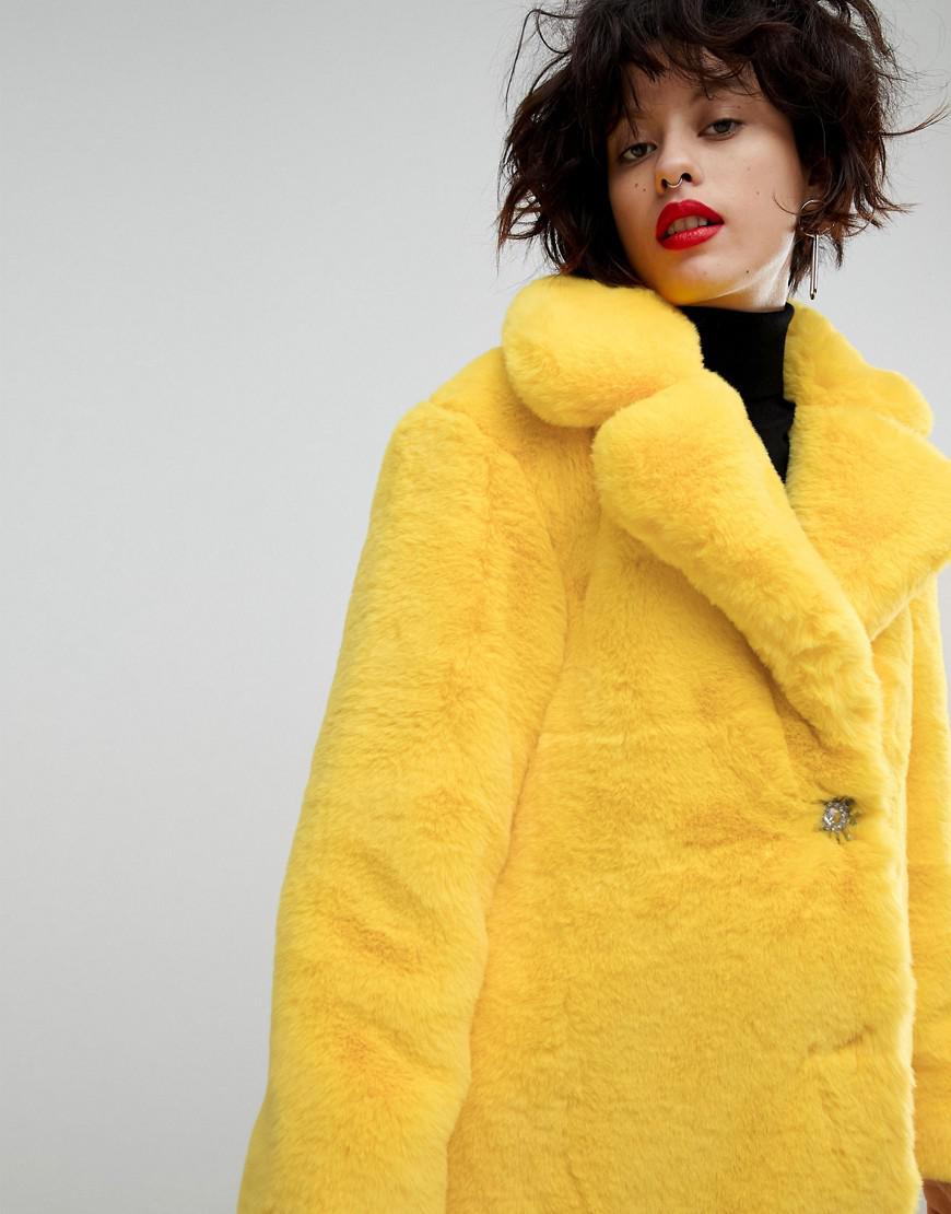 Mango Faux Fur Tonal Coat in Yellow | Lyst