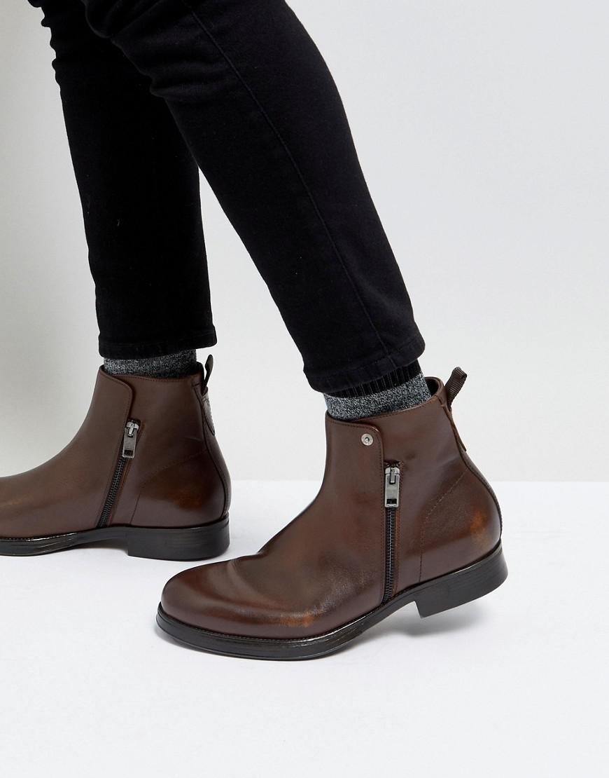 DIESEL Brown Leather Zip Chelsea Boots for Men | Lyst