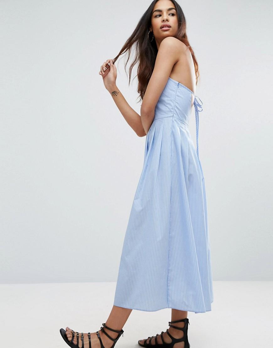 ASOS Asos Maxi Dress With Tie Back In Cotton Pinstripe in Blue - Lyst