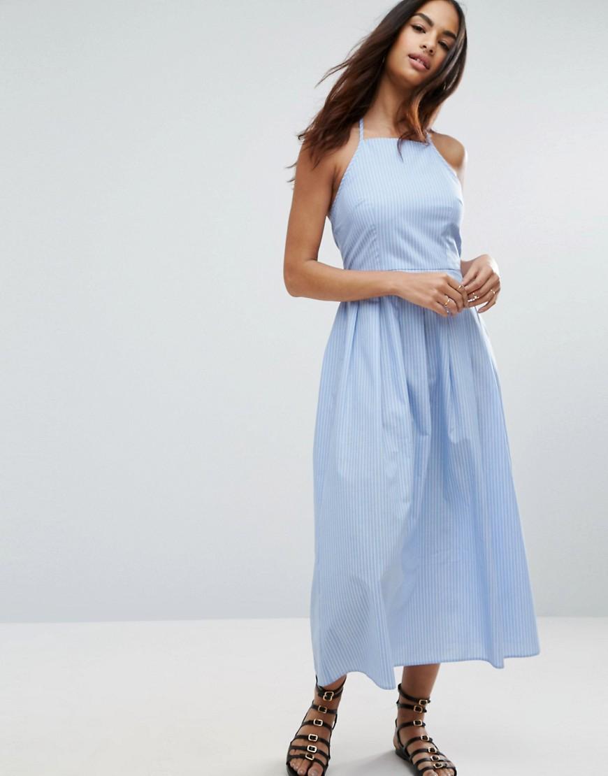 ASOS Asos Maxi Dress With Tie Back In Cotton Pinstripe in Blue - Lyst