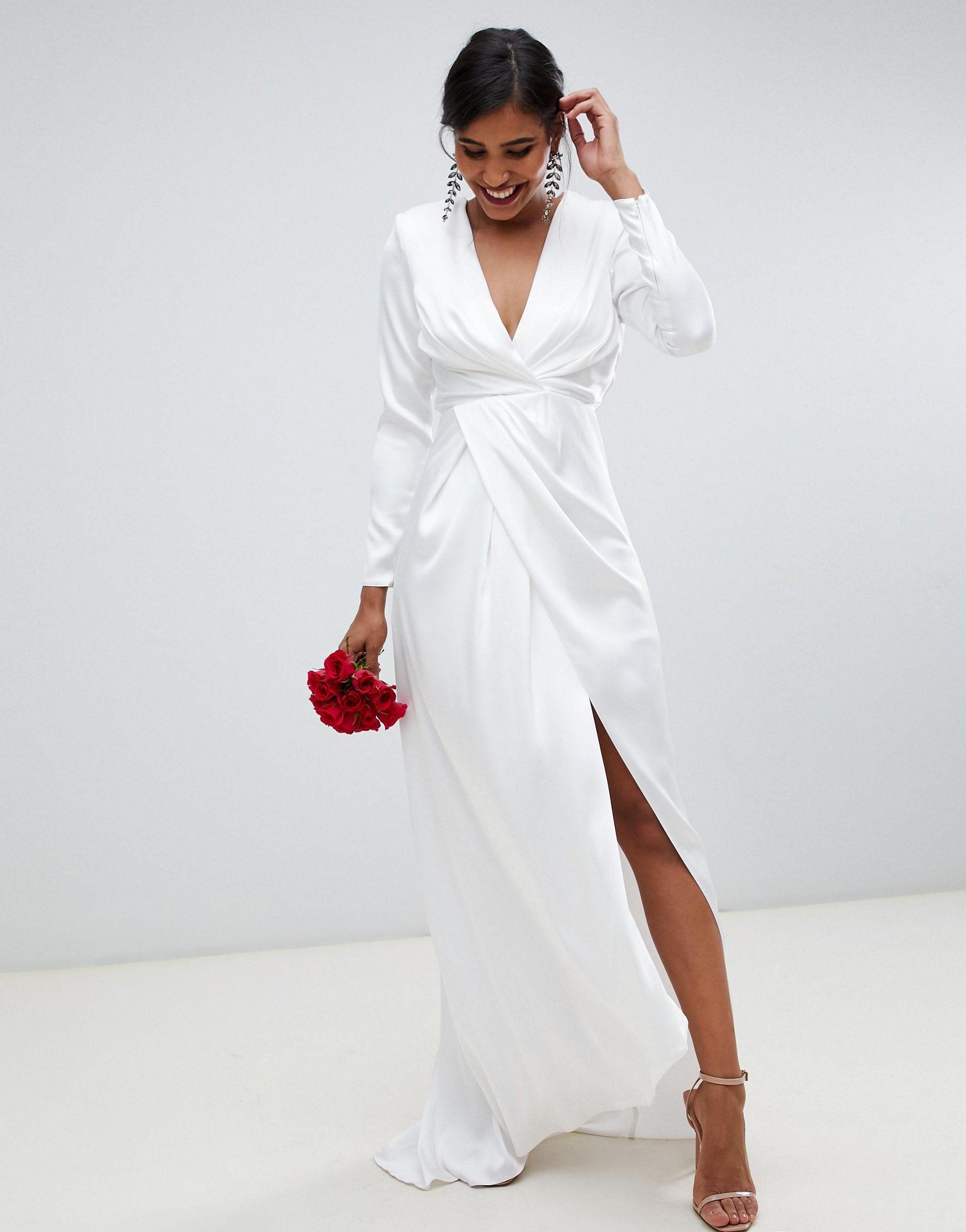 ASOS Satin Sadie Pleated Plunge Wrap Wedding Dress in White | Lyst Canada