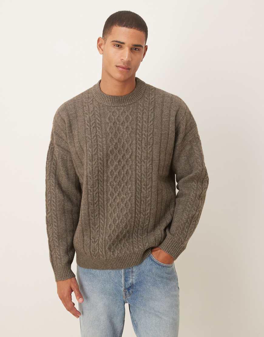 ASOS Oversized Cable Knit Crew Neck Sweater in Brown for Men Lyst UK
