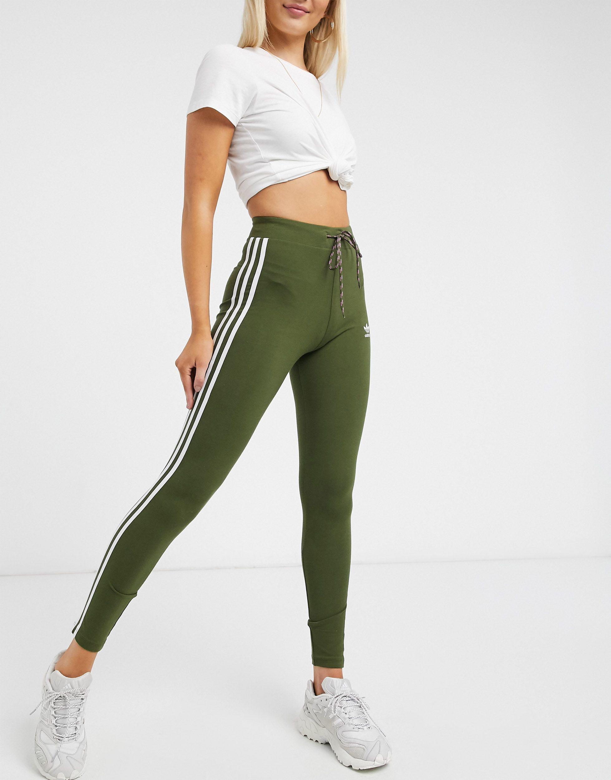adidas Originals Adicolor Three Stripe High Waist leggings in Green | Lyst