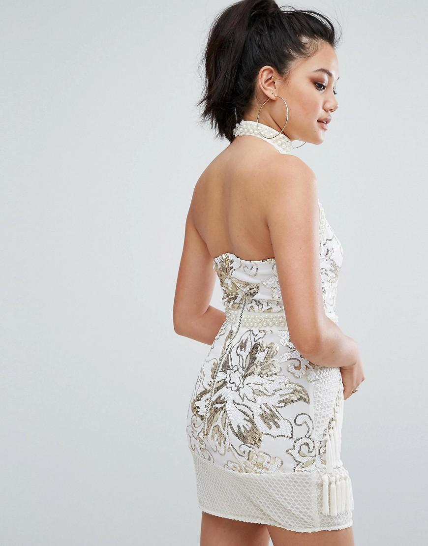 PrettyLittleThing Premium Halterneck Sequin Tassel Bodycon Dress in White |  Lyst