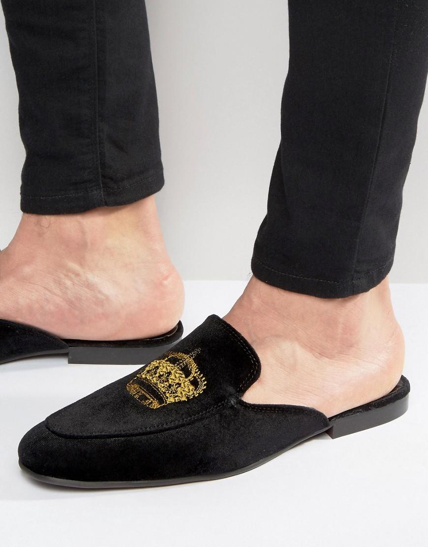 Asos Mule Dress Slipper In Black Velvet With Crown Embroidery in Black