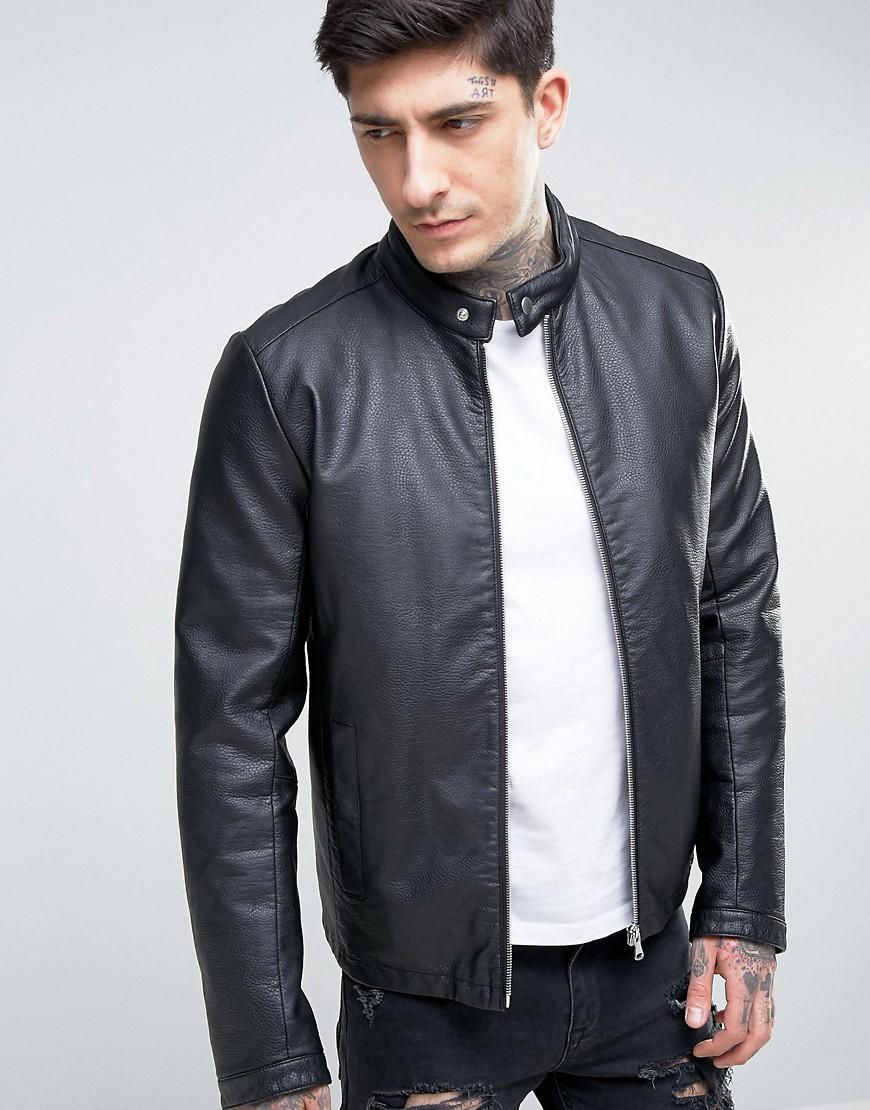 Asos Faux Leather Racing Jacket In Black in Black for Men | Lyst