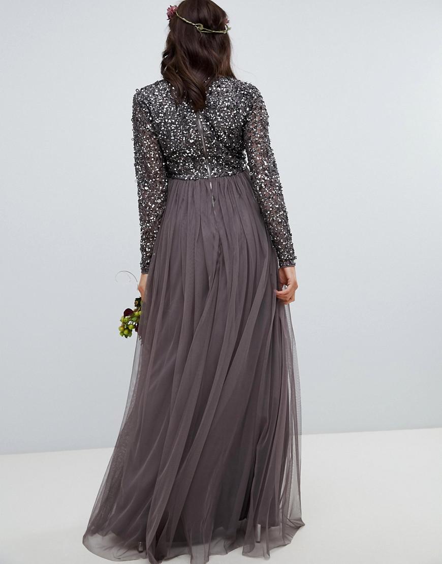 Maya Maternity Long Sleeve Front Maxi Dress With Delicate Sequin And Tulle Skirt Charcoal in Gray | Lyst