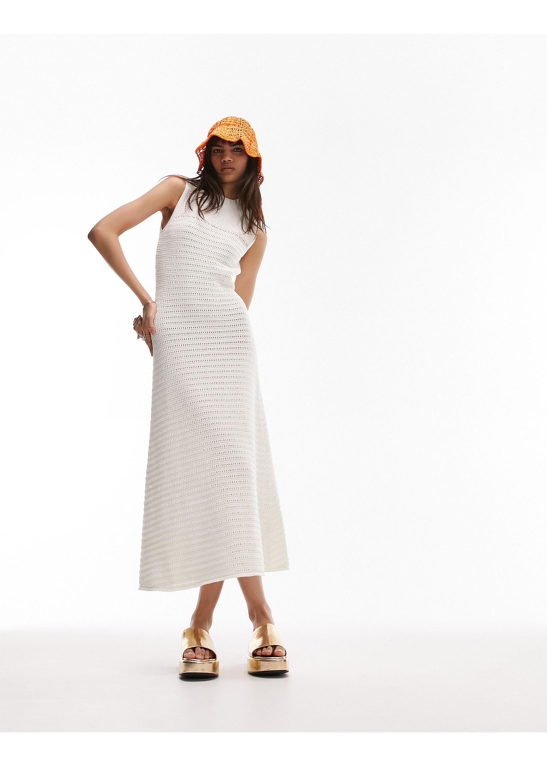 TOPSHOP Knitted Open Sleeveless Dress in White | Lyst