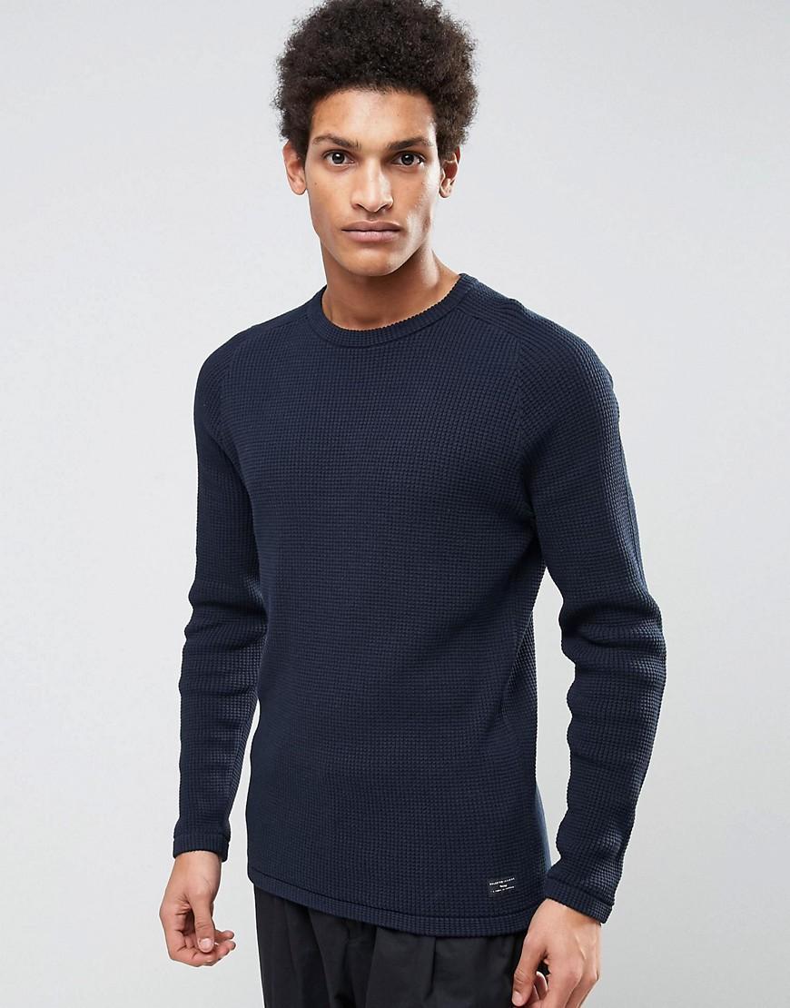 Lyst - Selected Knitted Waffle Sweater In 100% Cotton in Blue for Men
