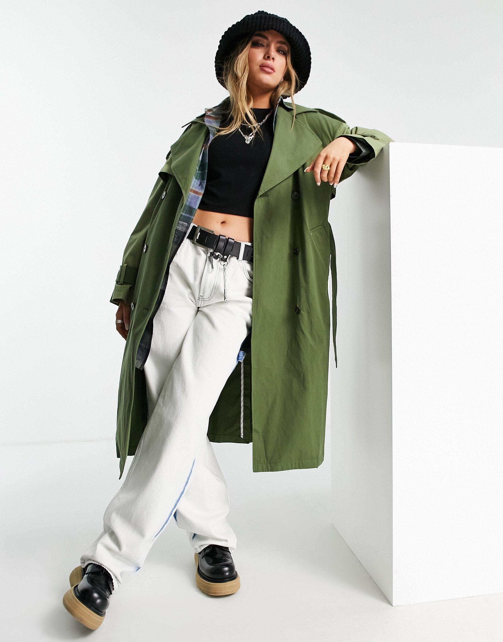 Bershka Back Detail Trench Coat in Green | Lyst