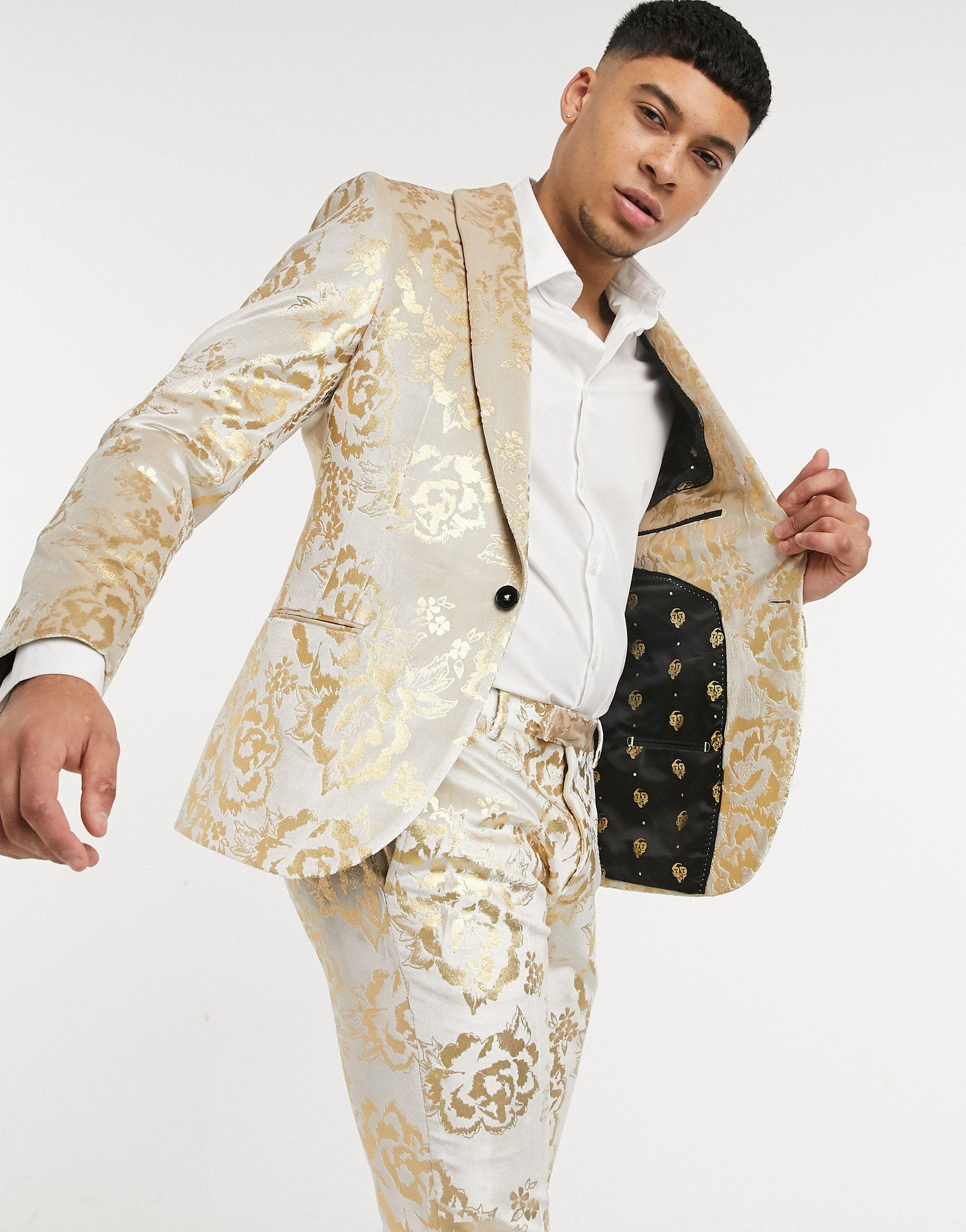 Twisted Tailor Suit Jacket With Gold Floral Flock in White for Men | Lyst