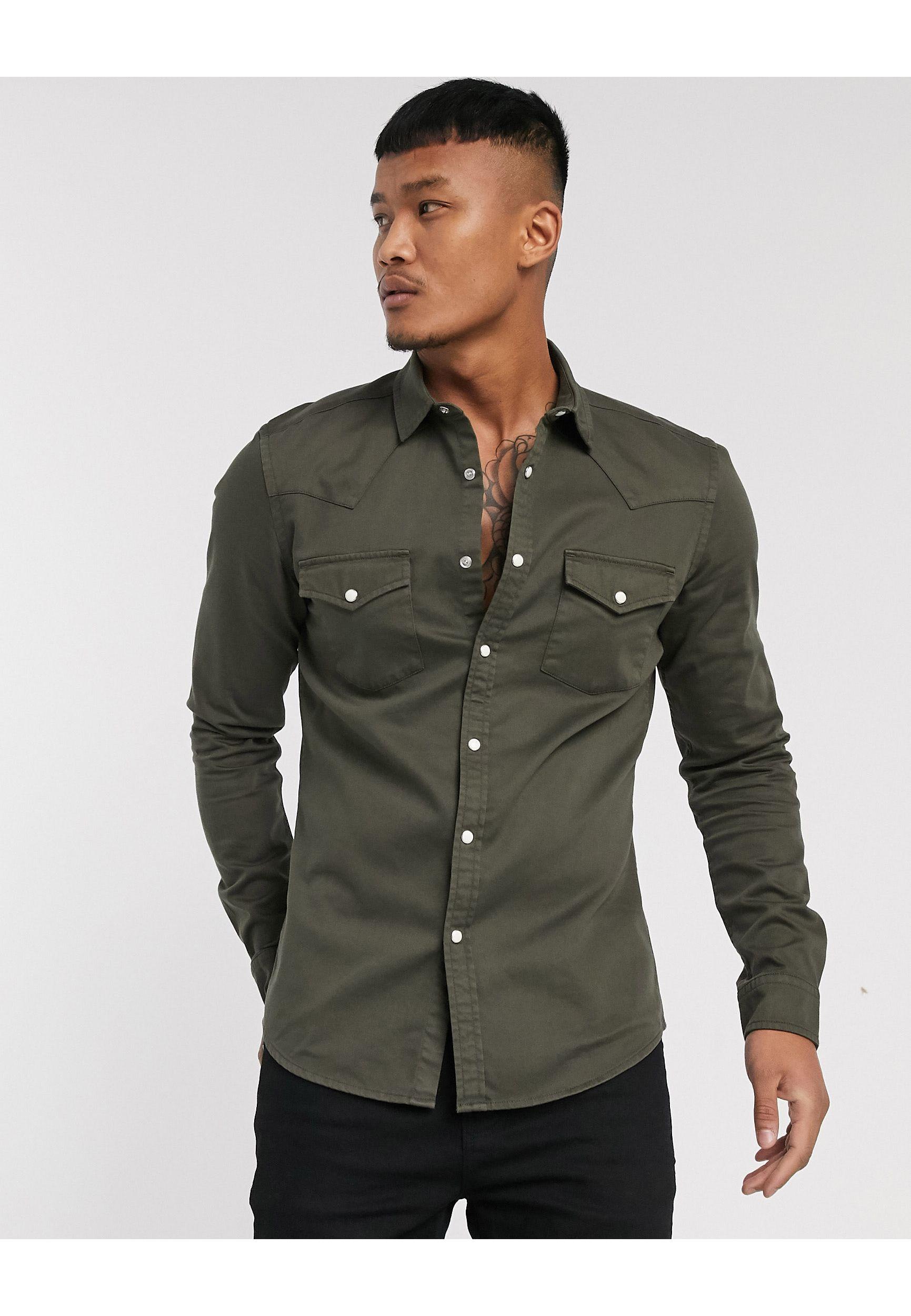 ASOS Skinny Fit Western Denim Shirt in Green for Men | Lyst UK