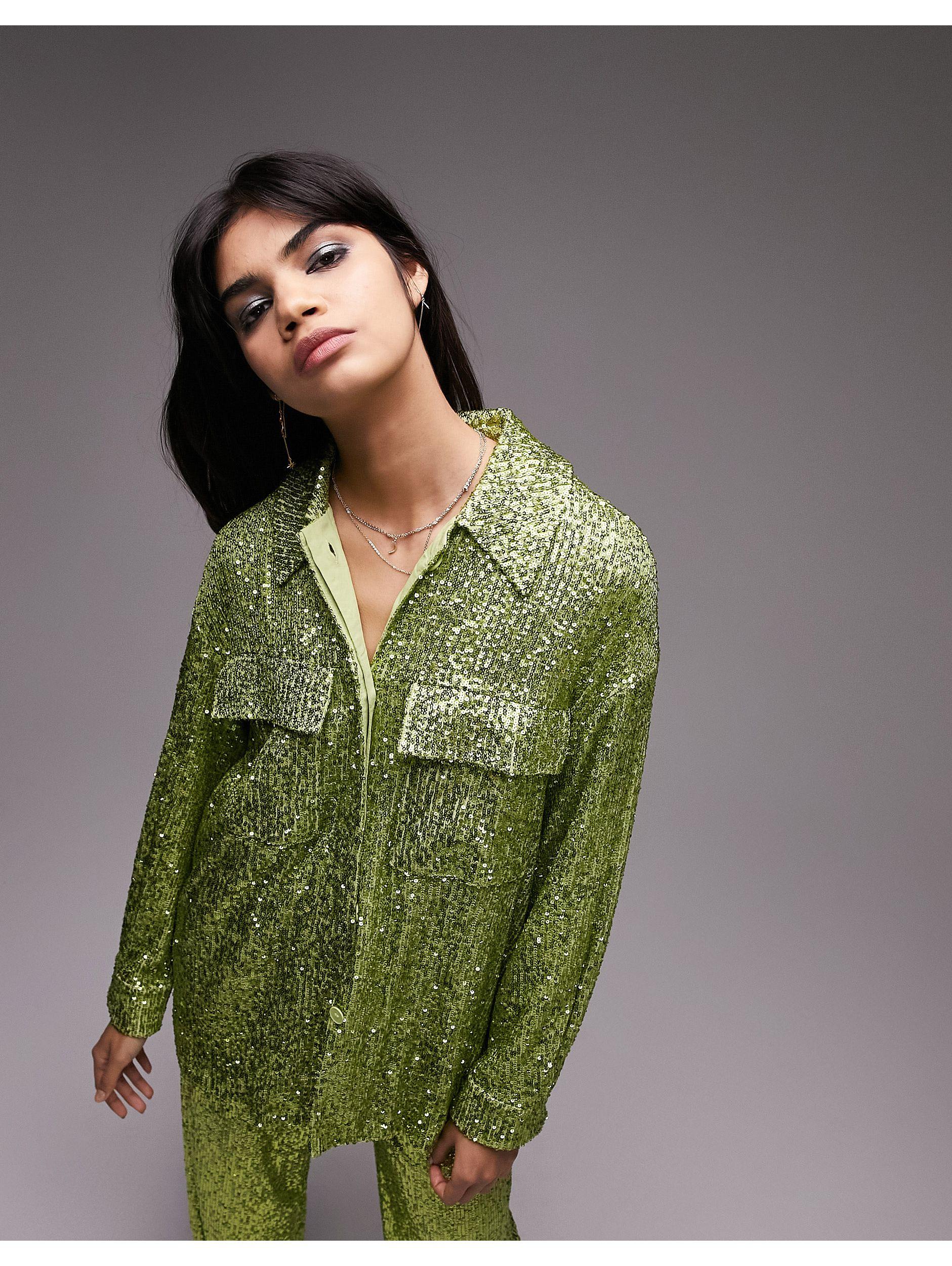 TOPSHOP Tailored Co-ord Mini Sequin Shacket in Green | Lyst