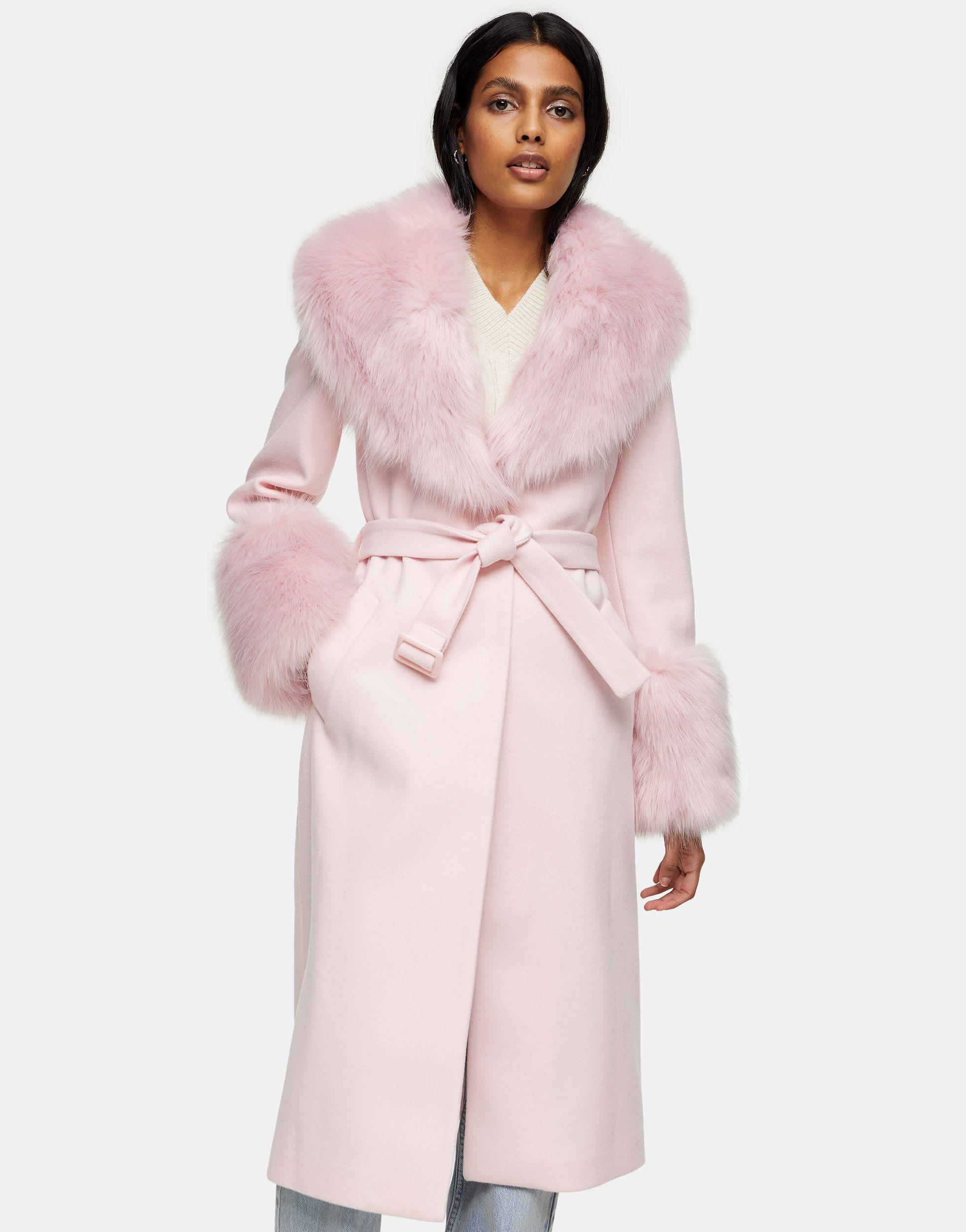 TOPSHOP Faux Fur Trim Coat in Pink