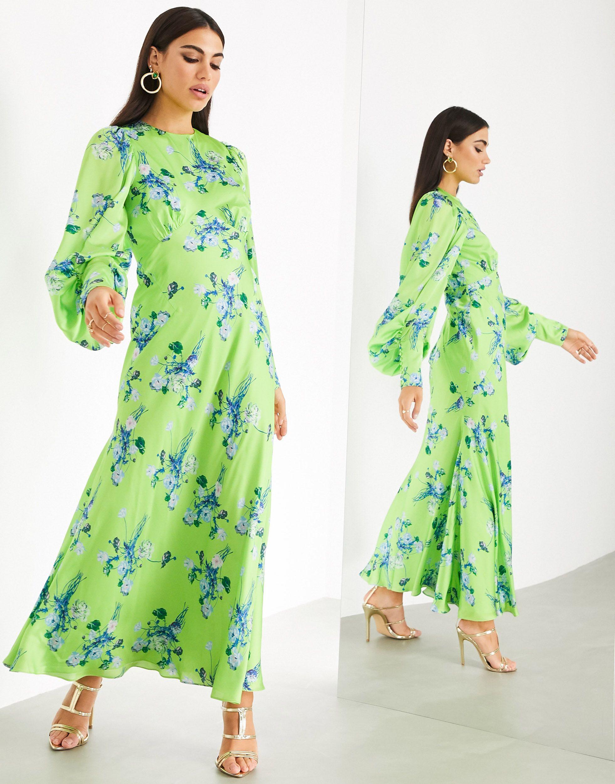 ASOS Satin Wild Flower Print Maxi Dress in Green | Lyst