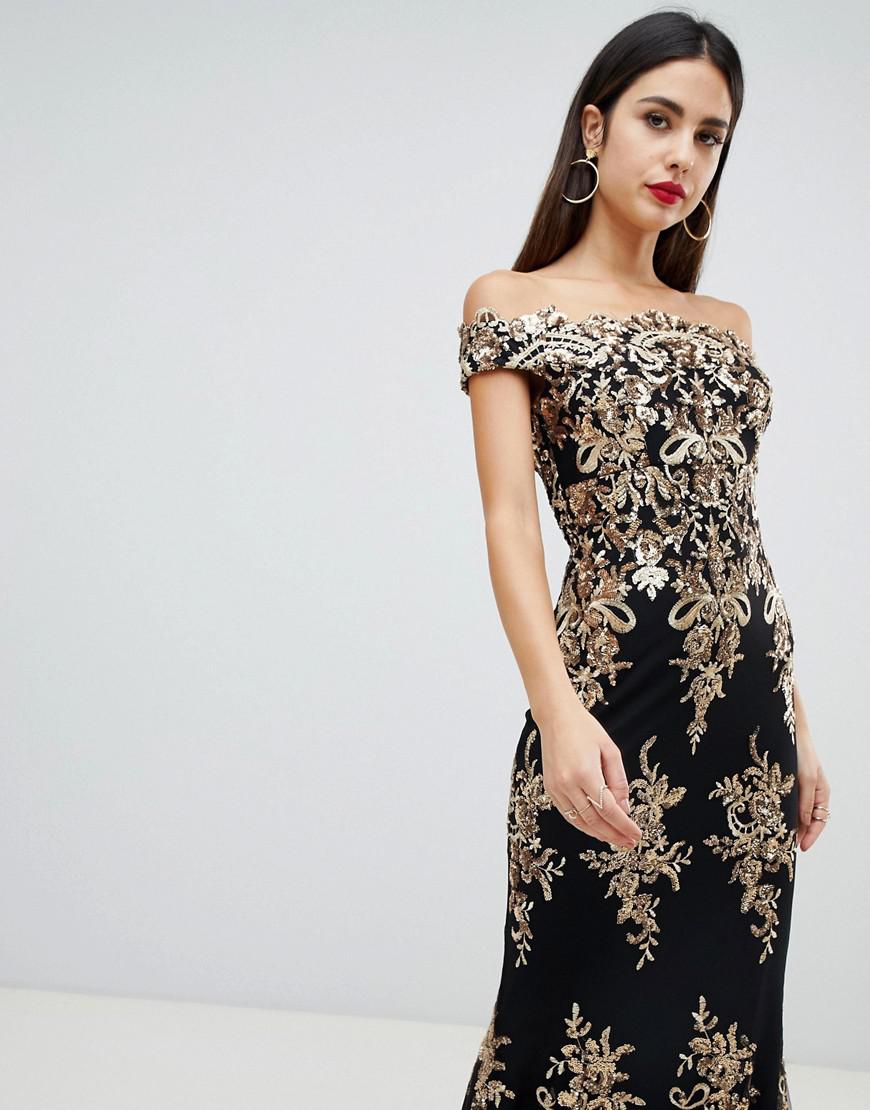 Goddiva Off Shoulder Bardot Placement Lace Maxi Dress In Black And Gold in Blue Lyst UK