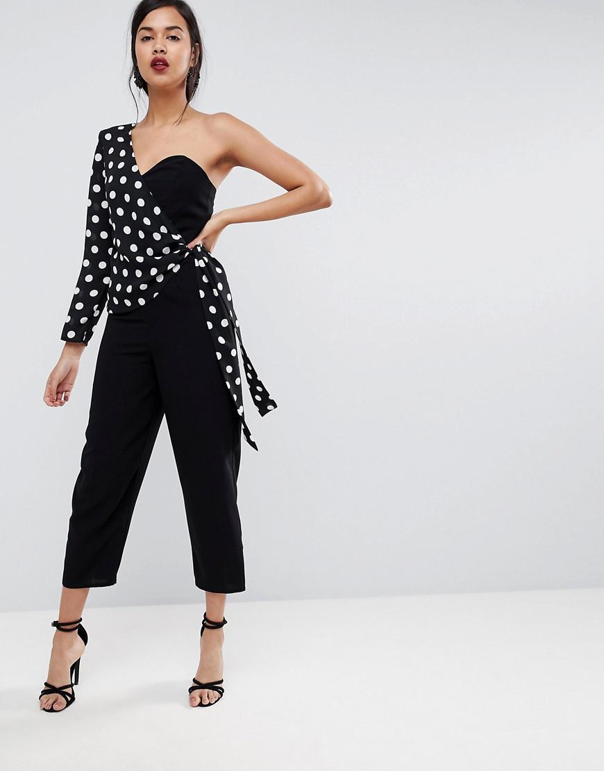 one shoulder overlay jumpsuit
