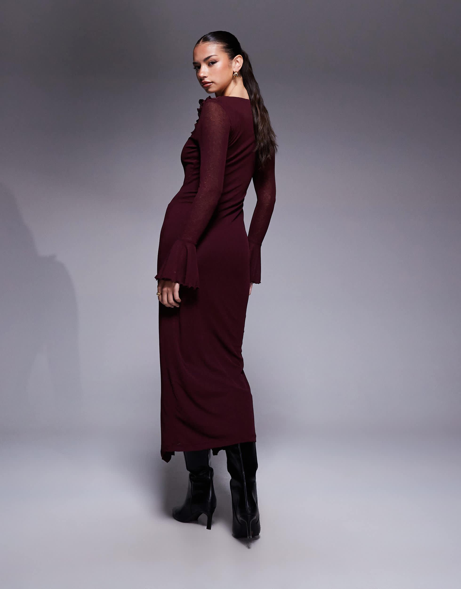 fluted sleeve maxi dress ASOS DESIGN fluted long sleeve extreme ruffle maxi dress in blue