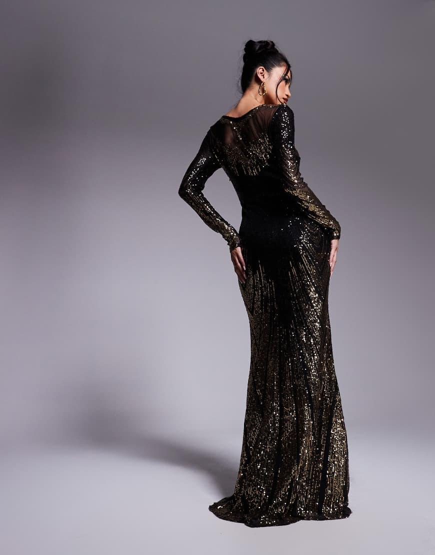 Goddiva Long Sleeve Aztec Sequin Maxi Dress in Black Lyst UK