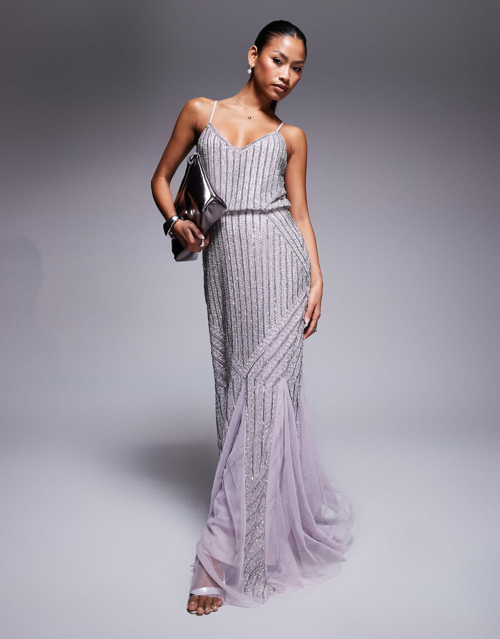 knee length dresses for ladies Ever-Pretty Double V Neck Sequin Leaf Maxi Dress with Ruffle Sleeves Holiday Fiesta Dress