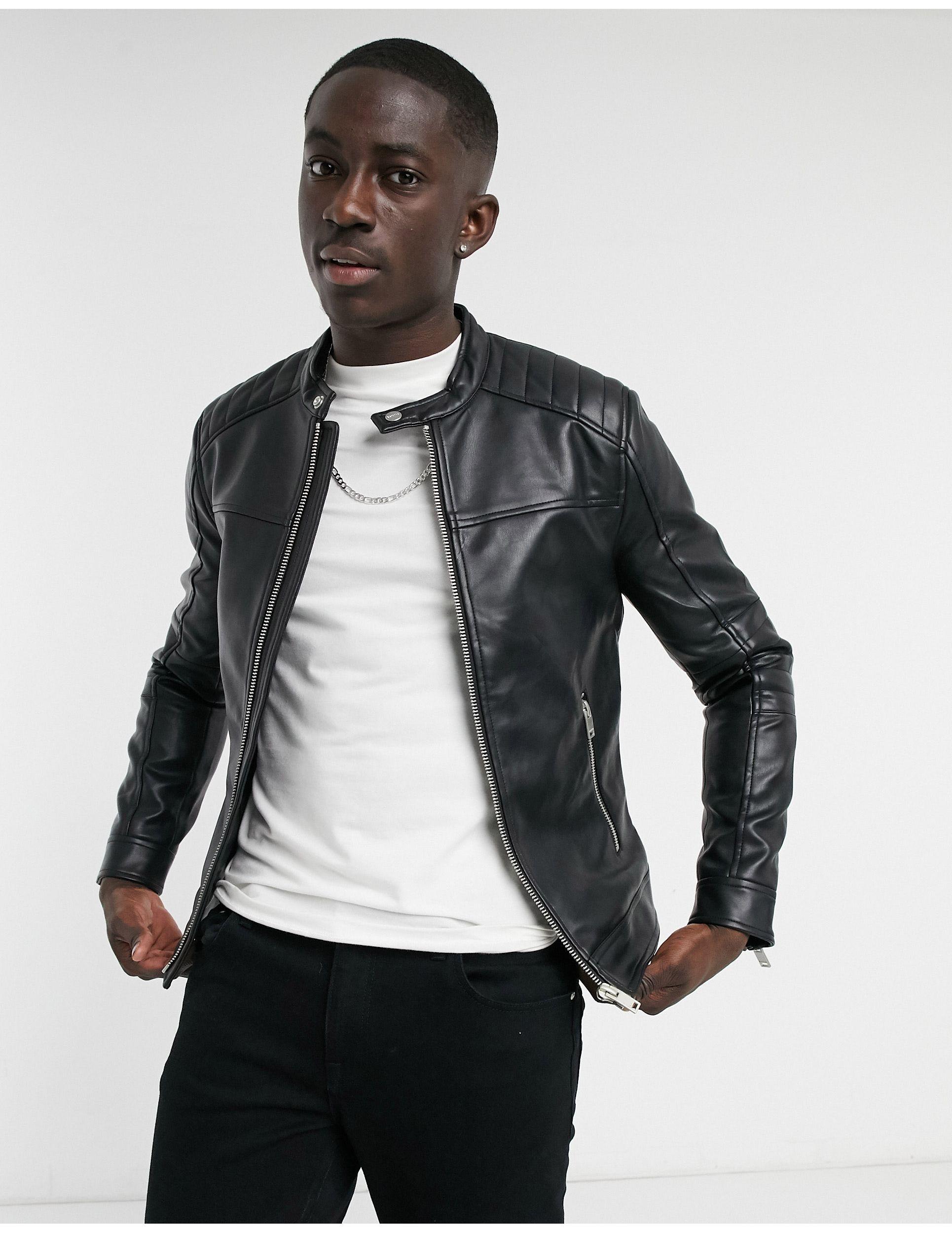 Bershka Faux Leather Biker Jacket in Black for Men | Lyst