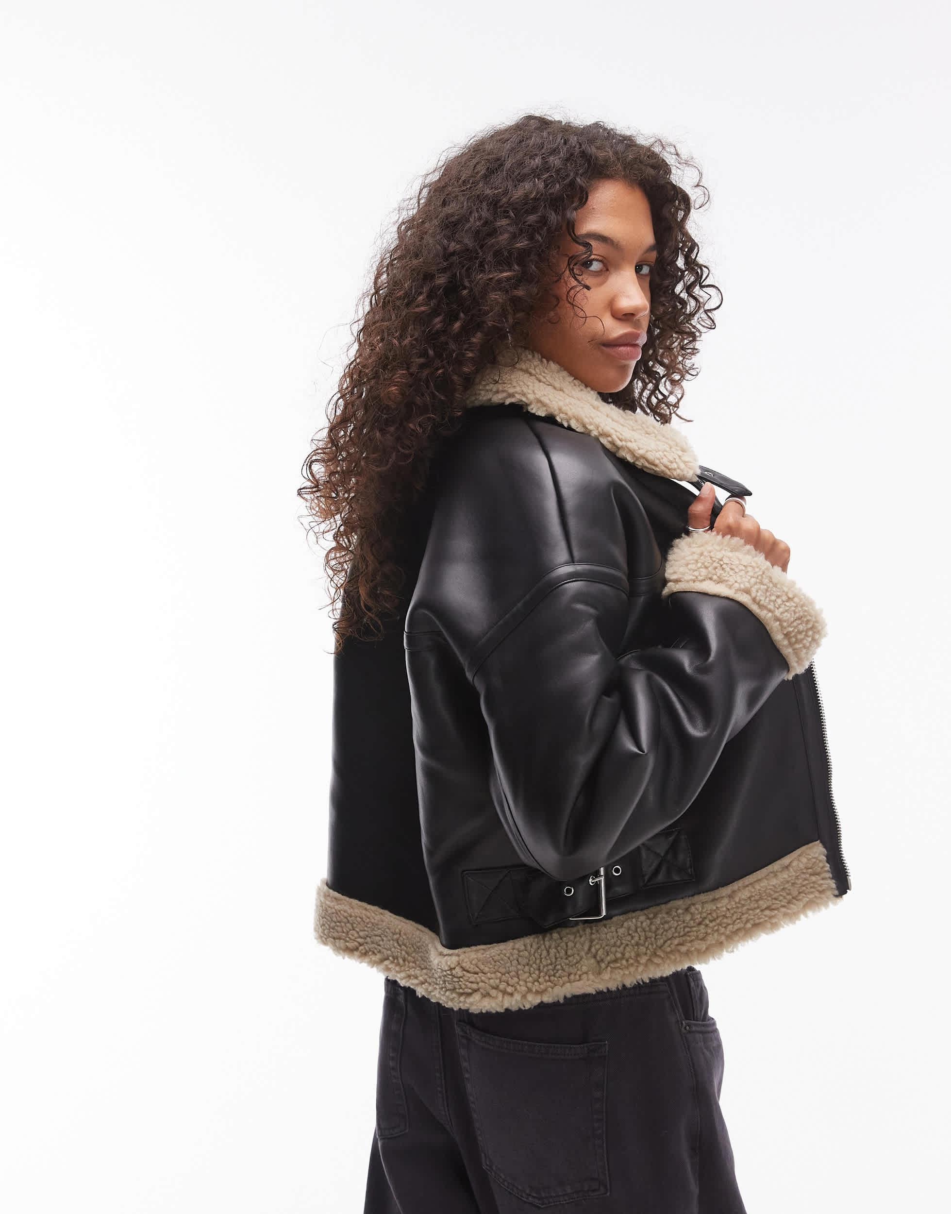 Veste En Cuir Topshop Avec Fourrure Véritable - Taille 38, Style Moto - Occasion En Très Bon état