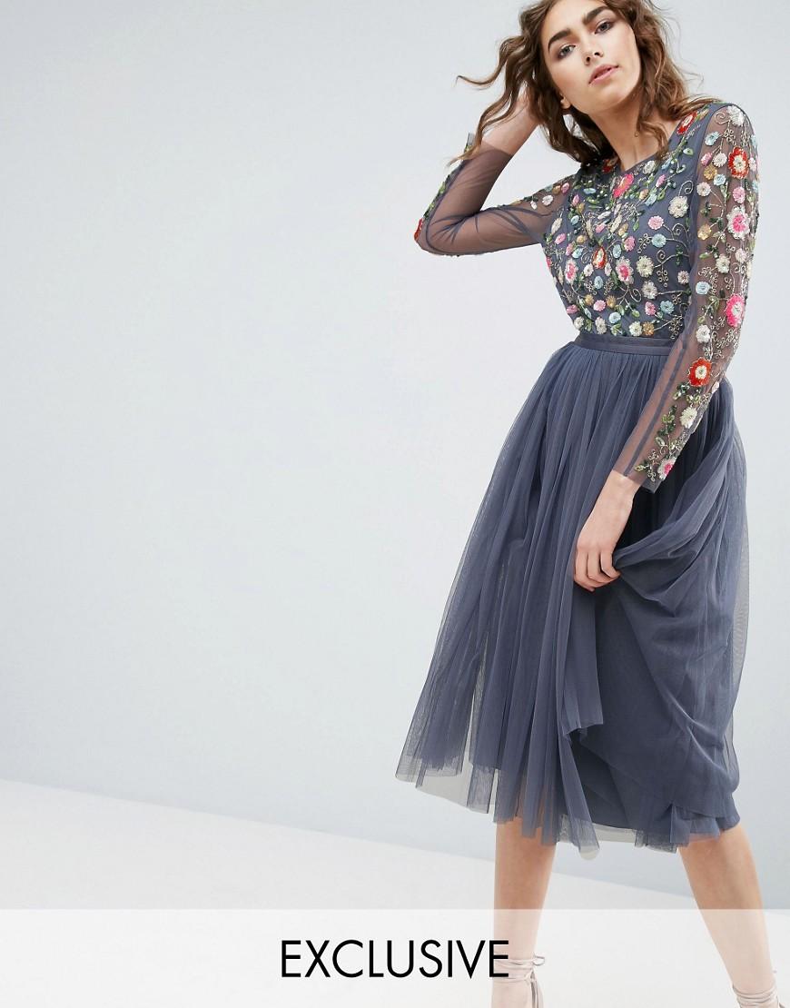 Needle & thread Needle And Thread Long Sleeve Embroidered Midi Dress in Blue Lyst